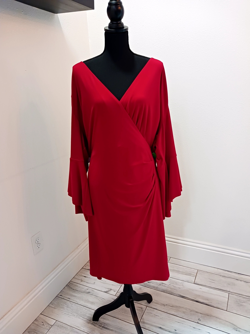 Ralph Lauren Red Faux Wrap Midi Dress with Flutter Sleeves